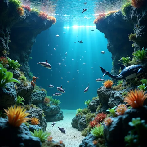 photorealism , sea creatures from the movie avatar, plants in aquarium, creative aquascape , my aquarium is miniaturizing wormhole to an alien ocean on planet pandora, many tiny alien mermaids, orca like fish and other large water animals swimming in group...