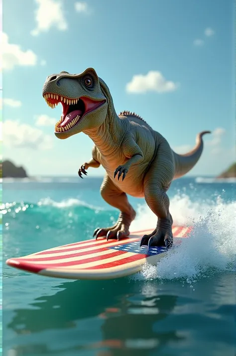 A model dinosaur with a surfboard that has the flag there 