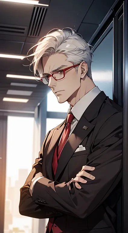 a mature handsome man with short red and white hair, blue penetrating eyes, a perfect face without errors, an imposing businessman posture, in an office background with cinematic lighting, hdr image, wearing glasses