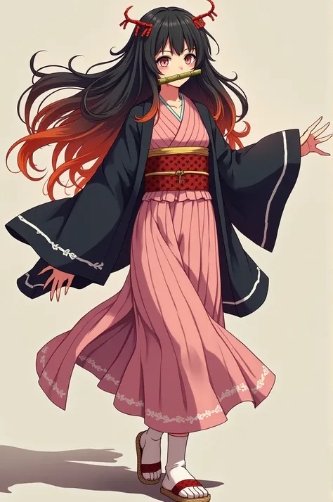 Nezuko Kamado, personagem de Demon Slayer: Kimetsu no yaiba, has a striking appearance. Fisicamente, she is a fair-skinned young woman, with long, black hair that gradually changes to an orange-red color at the ends. Their eyes are large and initially a so...