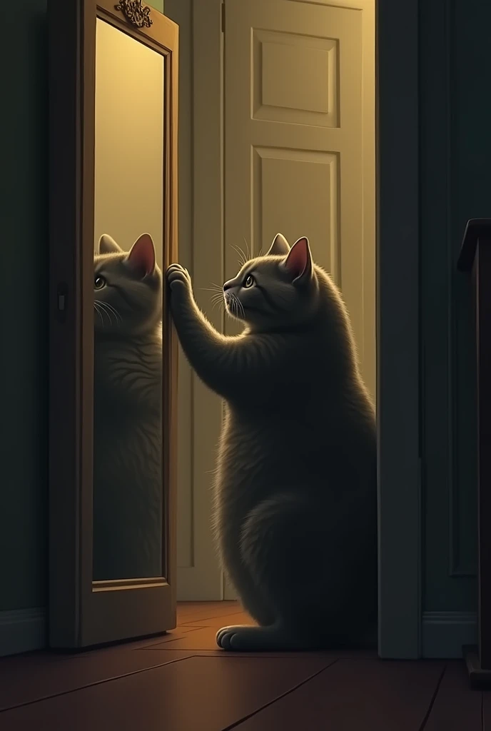 A round, gray tabby cat stands on his hind legs, looking at his reflection in a wall mirror. His reflection shows a soft but melancholic expression, and his paw is gently touching the glass. The hallway is dim, with a warm, golden light softly illuminating...