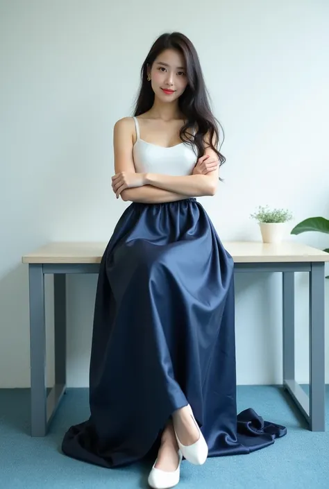 A beautiful lady, asian, Japanese,
Long hair,
Medium height,
Lying flat on a light grey desk in front of white wall in an new office with light blue carpet, 
Cross arms on chest,
Wearing a white camisole,
Wearing a shiny navy blue leather big a-line full c...