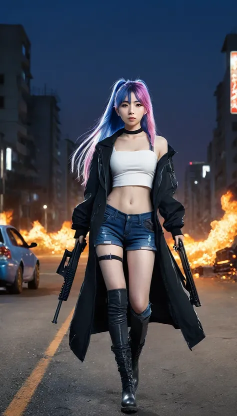 Beautiful and cool young girl from Japan, long hair, full of scars. Wearing a black jacket, black pants, and boots. Walking with a shotgun on a broken asphalt road in the dark night, and burning cars on both sides of the road. A futuristic city damaged by ...