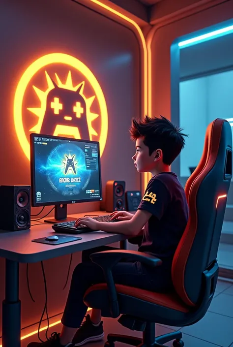 This is a  computer and  keyword and mouse that features the name "ANDRE LUKA23" in a futuristic font and a neon Golden color. and cuteBoy MEXICAN Anime avtar in site the chair, The logo also has a stylized controller icon. The logo is designed to be attra...