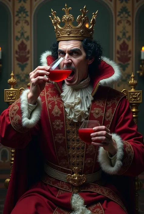 The british uk King,king charles as a vampire drinking glasses of blood