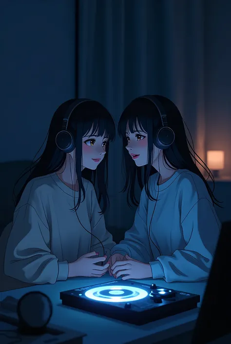 cozy room at night, both listening to music with headphones, in a 2D anime style. The setting is lo-fi, with a dark environment and a glowing hard disk on a desk. The atmosphere is peaceful, perfect for relaxing and enjoying the calm night.