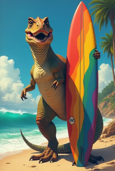 A dinosaur works as a model with a surfboard that has the LGBT flag. Image for tattoos