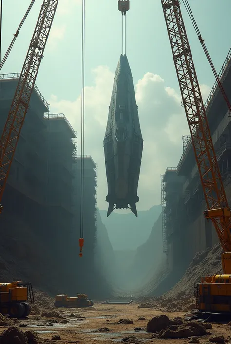 A well under construction, a crane on the left side and another on the right side, Lifting an alien ship into the wells.