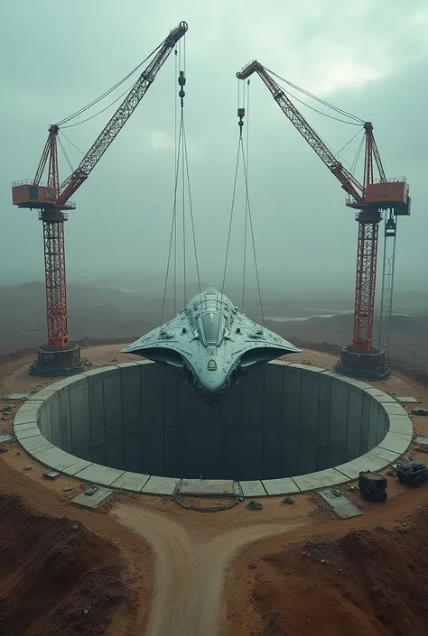 A round well under construction, a crane on the left side and another on the right side, Lifting an alien ship into the wells.