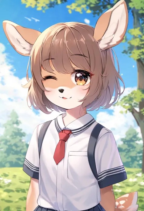 Young furry deer hair covering one eye student uniform environmental background 