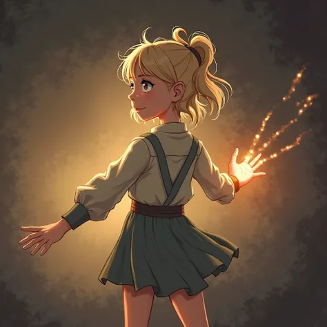 Generated an illustration of the girl from the original illustration trying to grab a small light in the darkness　The girl is facing backwards and reaching out to grab the light　The outfit, hair color, and hairstyle are the same as the girl in the original...