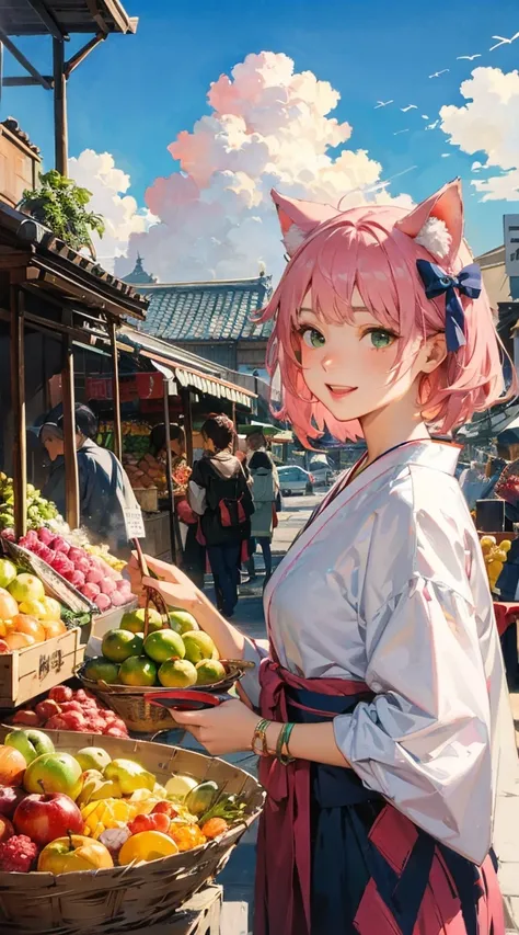 1girl, pink_hair, cat_ears, cat_tail, brown_bow, green_eyes, cheerful_expression, holding a pink paw-shaped object, holding a blue object, bustling_market_scene, colorful_stalls, fruits, vegetables, blue_sky, fluffy_clouds, traditional_japanese_architectur...