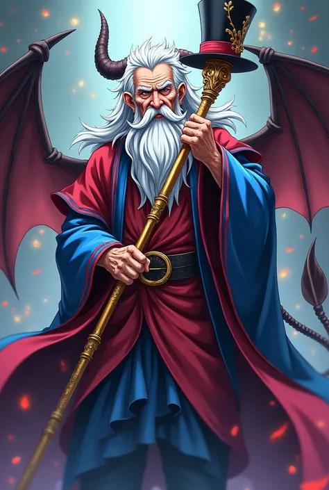 Male anime character age 70 with white hair and bat wings and a demon tail with blue and red clothing and a golden staff with a top hat