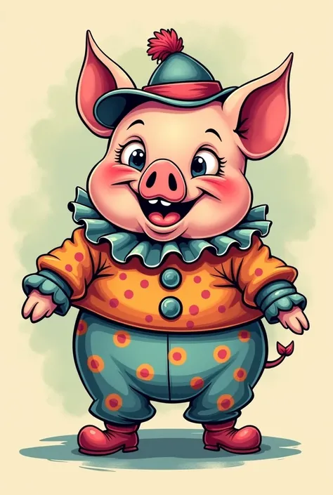 tattoo style pig wearing clown costume cartoon
pastel colors 