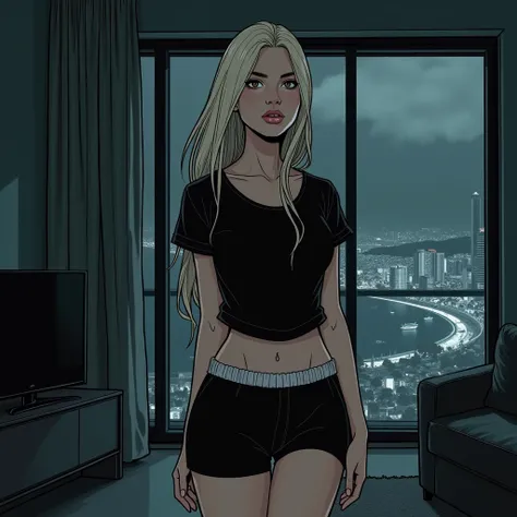 In a dark fantasy comic book type scene HQ comics, a young blonde, called Giovanna Chaves, with long platinum hair, and smooth, he wakes up at dinner, with short clothes, giving more emphasis to your thighs, and ass, in front of a huge window, of an apartm...