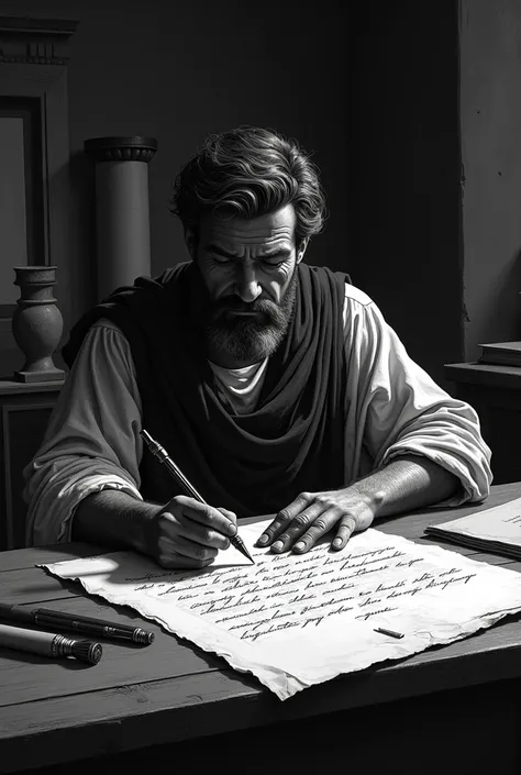 A Roman master writing a letter in black and white and only strokes
