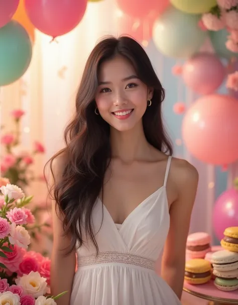 beauti young thai woman 2 dark long hair standing in front of a colorful array of macarons, sexy pose , flowers, and balloons. She is wearing a white dress, and the background is slightly blurred, giving the image a dreamy feel. blurry foreground, random s...