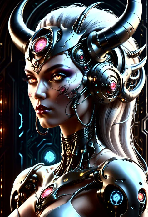 Full boddy pose, woman with horns and a demon face, beautiful cyborg priestess, portrait of a cyborg queen, beutiful girl cyborg, cyborg - girl, cyborg girl, cyberpunk robotic elvish queen, seductive cyberpunk dark fantasy, beautiful biomechanical djinn, b...