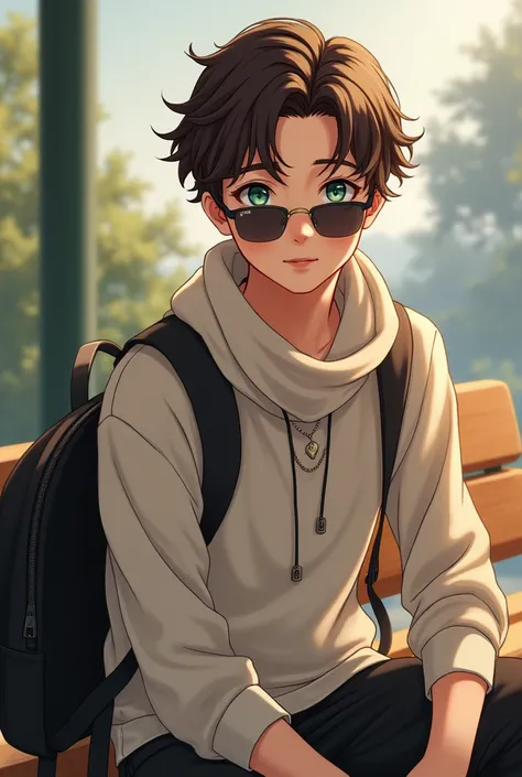 Cute man. Anime. Asian. Handsome. Boy. Beautiful facials features. Smooth skin. Little green eyes. Stylish sunglasses on his nose. Brown and light brown bicolored hair. Oversized sweater. earrings. Sat on a bench outside. Holding a black bagpack. Light sca...