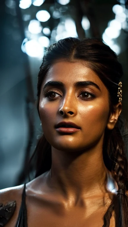  photo of  ( Pooja Hegde ) in Hellblade: Senuas Sacrifice, emerging from black mud, long hair, horny expression, dirty face, finely detailed eyes, moody, viking bikini clothes, epic scene, epic composition, Photography, Cinematic Lighting, Volumetric Light...