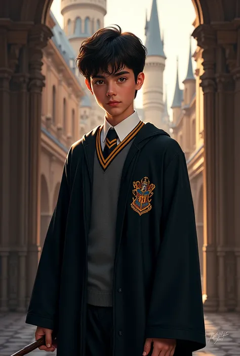 Wu Tiago Henrique Ferreira Hilario in the uniform of the Hogwarts School of Witchcraft and Magic 