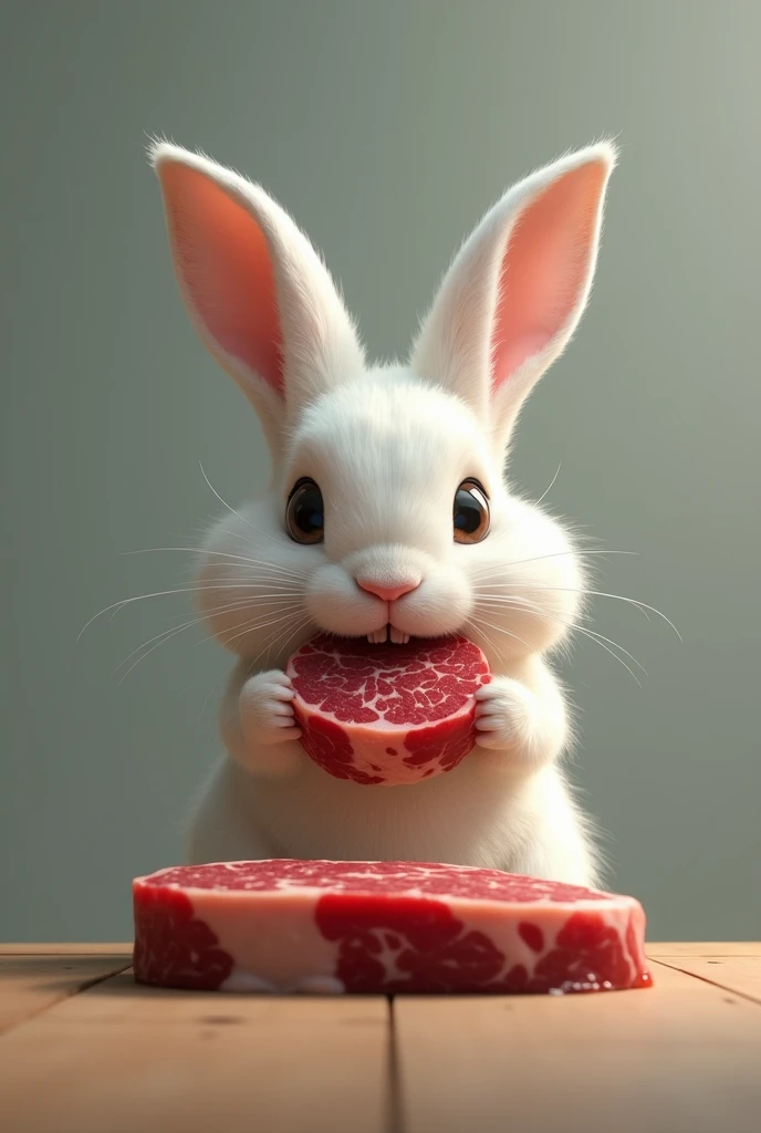 A rabbit eating beef