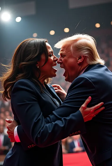 An intricate insanely detailed image of Donald Trump physically beating up vice president Kamala Harrison at the presidential debate 