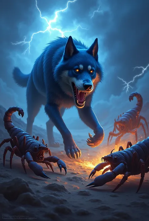 Blue dog fighting giant scorpions in a storm
