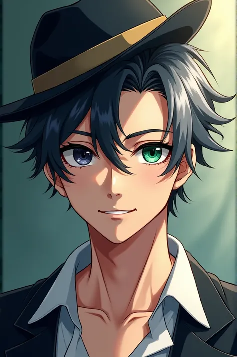 Cocky man. Asian. Anime. Handsome and cute. Bicolored hair black and silver. Round eyes left black and right green. Smooth skin. Wearing a lil hat on his perfect hair. 