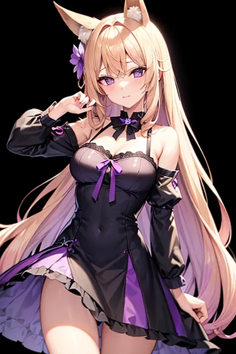 Waifu, blonde hair with violet eyes, high resolution, with a dress negro ,fox ears, with a x hair clip, with neon purple locks of hair and a flower blancas crown, con cola de zorro, con armadura 