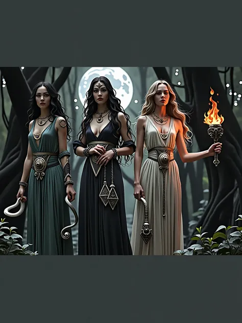 Can you create an image based on this story? They were now at a crossroads after doing the respective rituals. The three fearsome but adored witches were the first daughters Hecate created. They were born under the full moon and then raised in the forest. ...