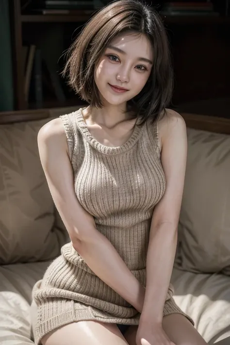 high resolution, masterpiece, 1Japanese lady, 40s, smiling, brown short hair, looking at viewer, aroused, large breast, ((sleeveless ribbed sweater, miniskirt, show panty)), showing armpits, legs spread, sitting, from below,