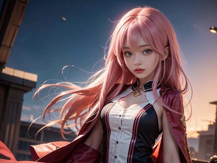 ((Best Quality))、((excellent))、(detailed)、8k、「A young woman with flowing pink hair、Cosplaying as an anime character、I&#39;m walking through the city at night in the rain。Pairing a kimono-inspired top with urban accessories、They are wearing traditional cost...