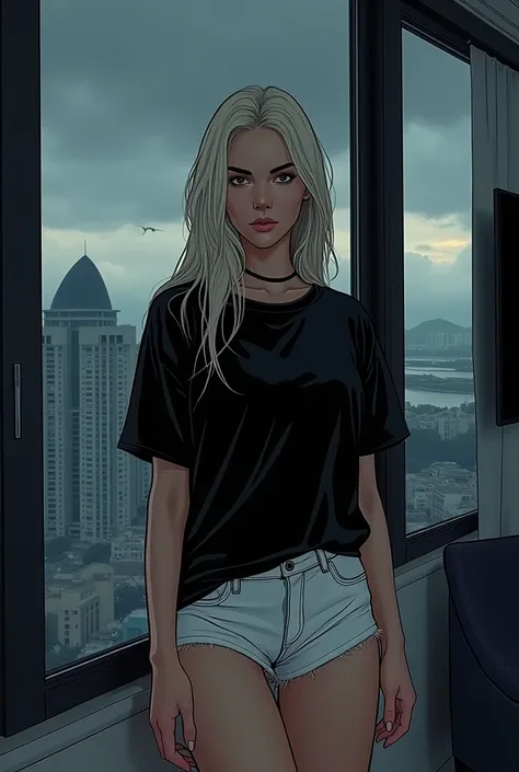 In a dark fantasy comic book type scene HQ comics, a young blonde, called Giovanna Chaves, with long platinum hair, and smooth, he wakes up at dinner, with short clothes, giving more emphasis to your thighs, in front of a huge window, of an apartment overl...