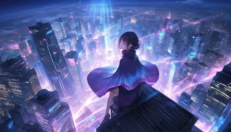 Thick Fog。Top view,Foggy Sky。Sophisticated holograms。サイバーパンクなnight景。A woman wearing a sophisticated poncho is sitting on a rooftop with her back to the camera.。Many thin rays of light。広大で未来的な大都市のnight景。Purple light。Blue light。。night。Magnificent skyscraper。...