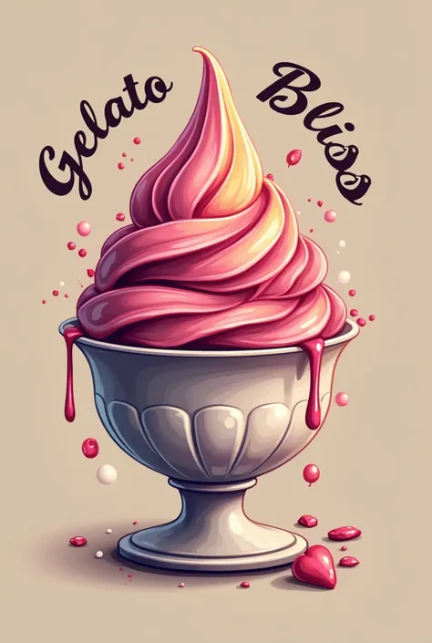 Gelato logo with a picture of gelato in a cup , which has the name gelato bliss with its luxurious looking model 