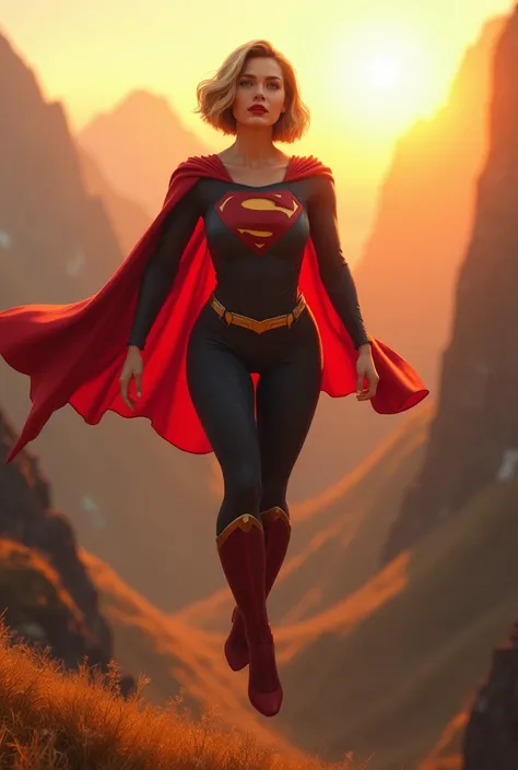 a superwoman,laurel kent,earth 11,,dressed in tight leggings highlighting her voluptuous feminine figureDC Universe,floating in the air,passionate and compassionate look,mature woman,short bob haircut,red lips,looking towards the horizon,backwards,legs ope...