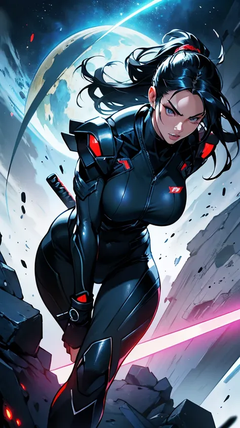 "A fierce ninja assassin with Megan Fox’s body goals, dressed in a sleek, black slim suit that hugs her toned, athletic frame, is mid-air, dodging laser blasts on a distant galaxy planet. Her suit is a mix of futuristic armor and traditional ninja elements...