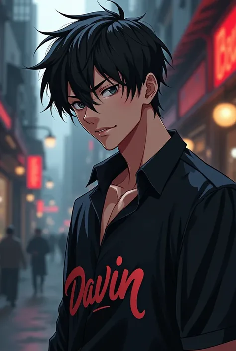 Handsome anime with wearing piercing and black shirt that has a print says DAVIN and the background is street