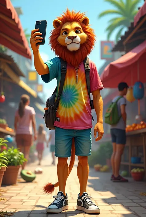 Create an image of a young man with a lion&#39;s head, wearing a tie-dye shirt, shorts, and sneakers, walking in a market, one hand making a selfie gesture, looking at a phone, standing in front of a food stall, holding a phone up. 