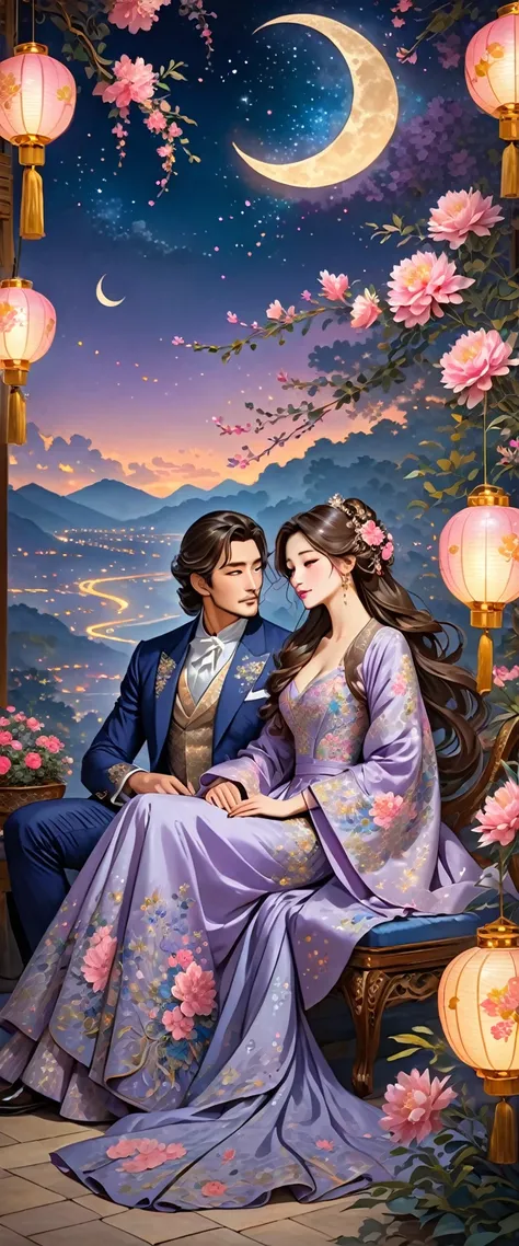 The image depicts a romantic, fantasy-like scene with a man and a woman dressed in elegant, ornate attire. The woman is wearing a beautiful lavender gown with intricate floral designs and has long, flowing hair adorned with flowers. She is holding a branch...