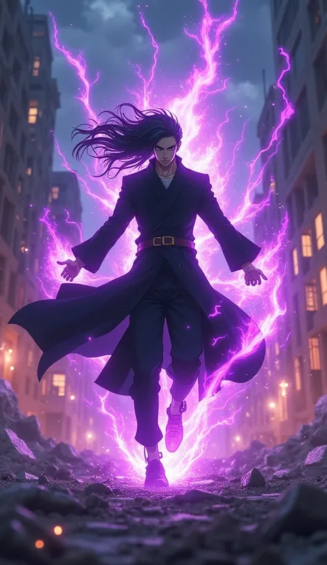 Generate a lifelike 4K action shot of Gojo Satoru from Jujutsu Kaisen using his Hollow Purple technique, with vibrant energy swirling around him, obliterating everything in its path. His body is illuminated by the glowing purple light, showcasing intense d...