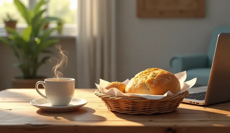 rustic table, Cup of coffee coming out smoke,  cheese bread in the basket, modern decoration, open laptop, papers on the table