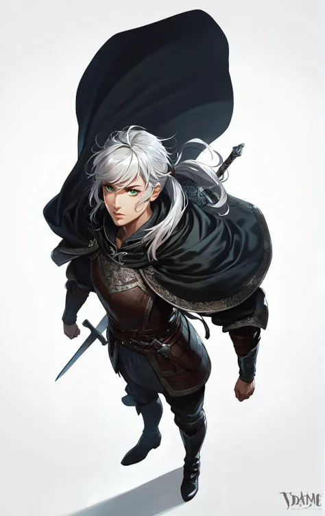 a mature woman, medieval warrior, white hair, leather clothes, black cape, silver sword on the back, messy hair, bangs, ponytail, epic scene, from above angle, green eyes, detailed portrait, cinematic lighting, dramatic, fantasy, digital art, highly detail...