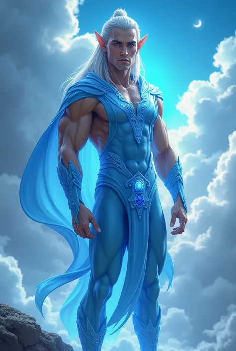 Elf man dressed in sexy strong sky blue outfit