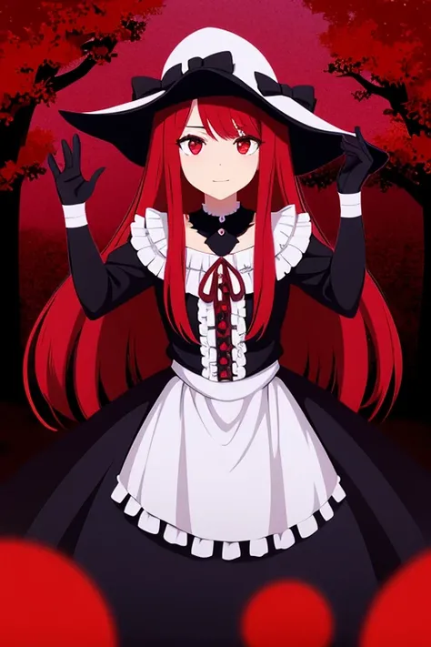 a girl, long red hair, red eyes, wearing witches dress, reaching out at viewer, dark woods, absurdres, high res, ultrasharp, 8K, masterpiece, looking at viewer