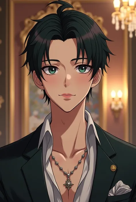 Cocky man. Asian. Anime. Handsome and cute. Bicolored hair black and silver. Round eyes left black and right green. Smooth skin. Wearing a silver necklace and jewelry. Beautiful facials features. He have a mole under his eyes. And fancy clothes. Standing i...