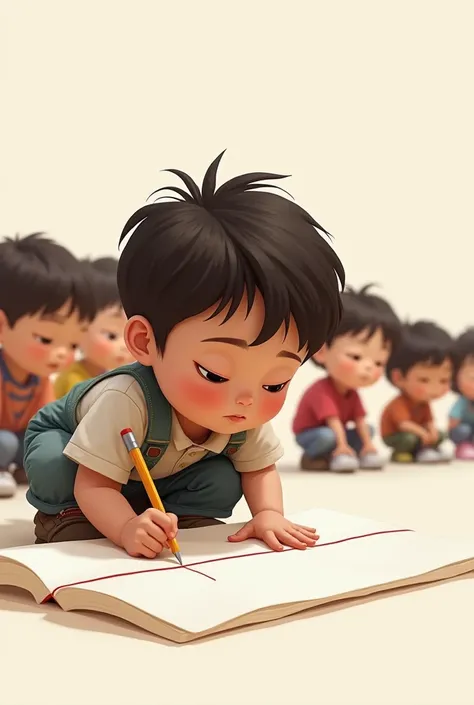 A child making a line with a sheet of paper and his pencil, but behind him there is a line of children waiting for him.