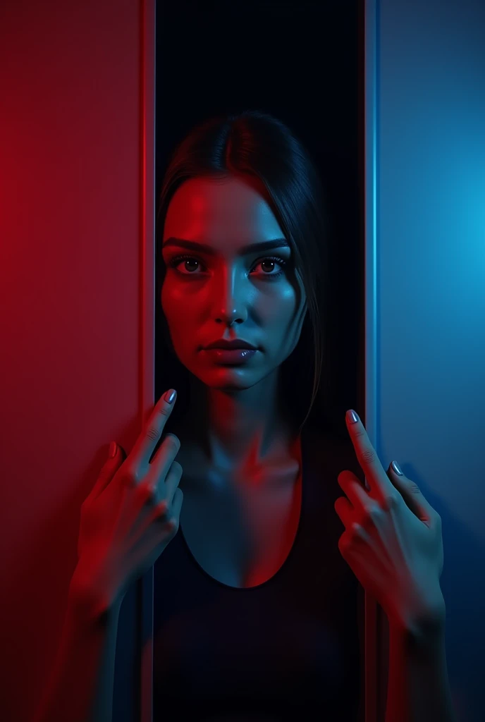 A front blind being held by a woman, her face appears a little she has a serious face, a red and blue light hits each side of his face