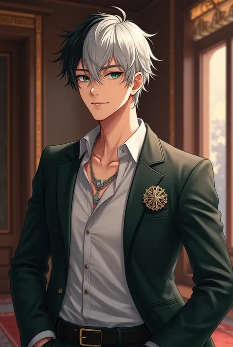 Cocky man. Asian. Anime. Handsome and cute. Bicolored hair black and silver. Round eyes left black and right green. Smooth skin. Wearing a silver necklace and jewelry. Beautiful facials features. He have a mole under one eye. Fancy clothes. Standing in a r...